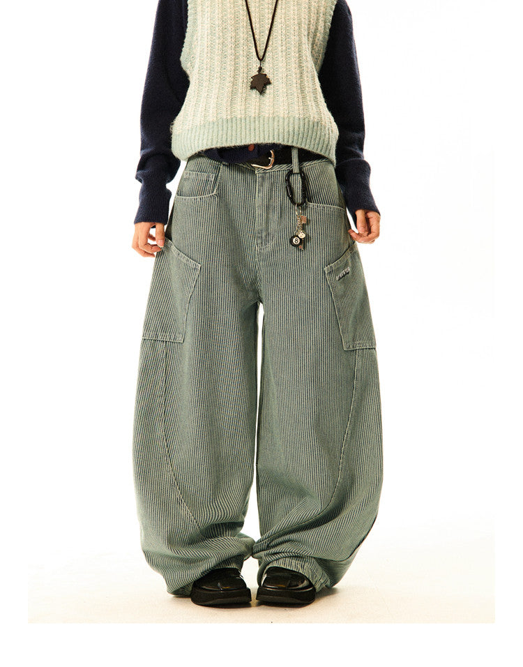 Stripe Pattern Wide Leg Denim Jeans