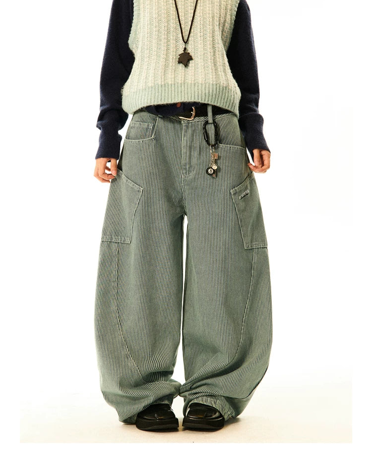 Stripe Pattern Wide Leg Denim Jeans