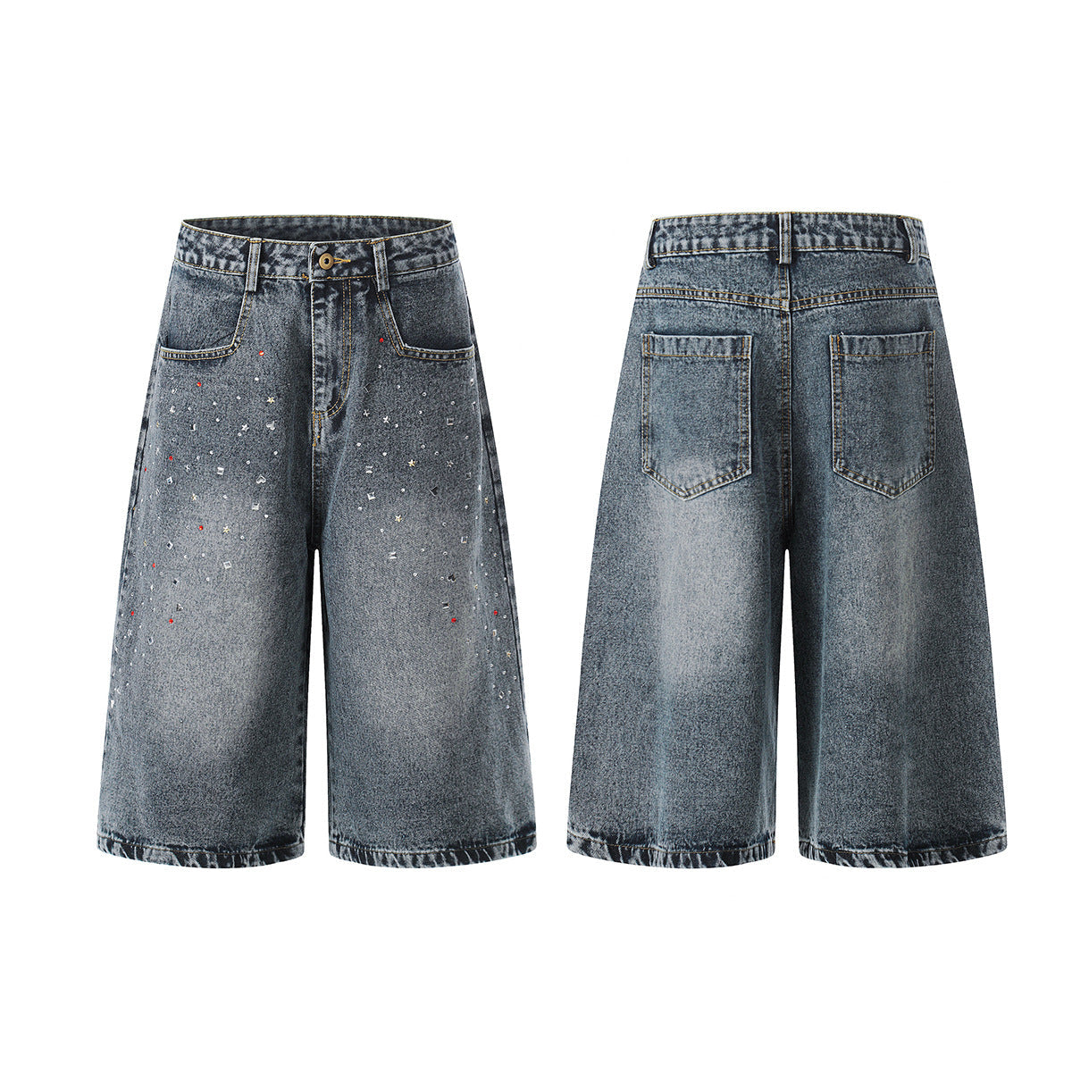 Washed Rhinestone Denim Wide Leg Jort