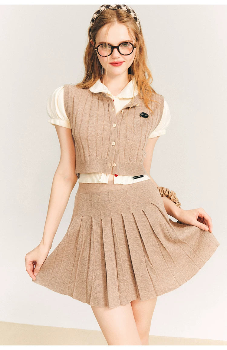 Button Knit Vest & Knit Pleated Skirt Setup