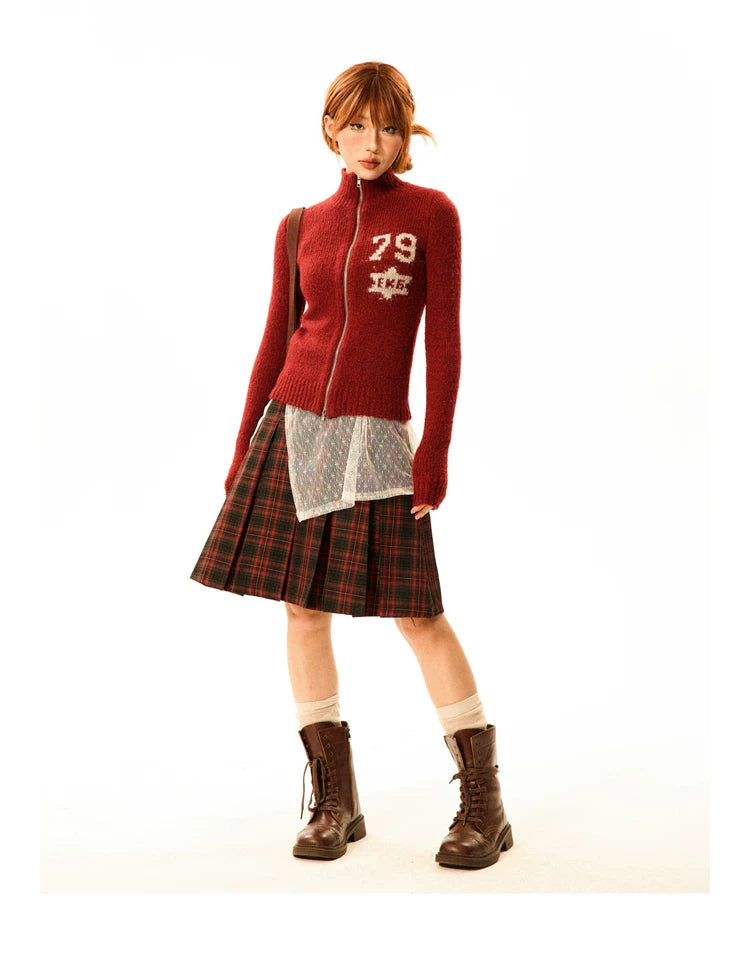 Number Patch Knit Zipper Stand Neck Cardigan