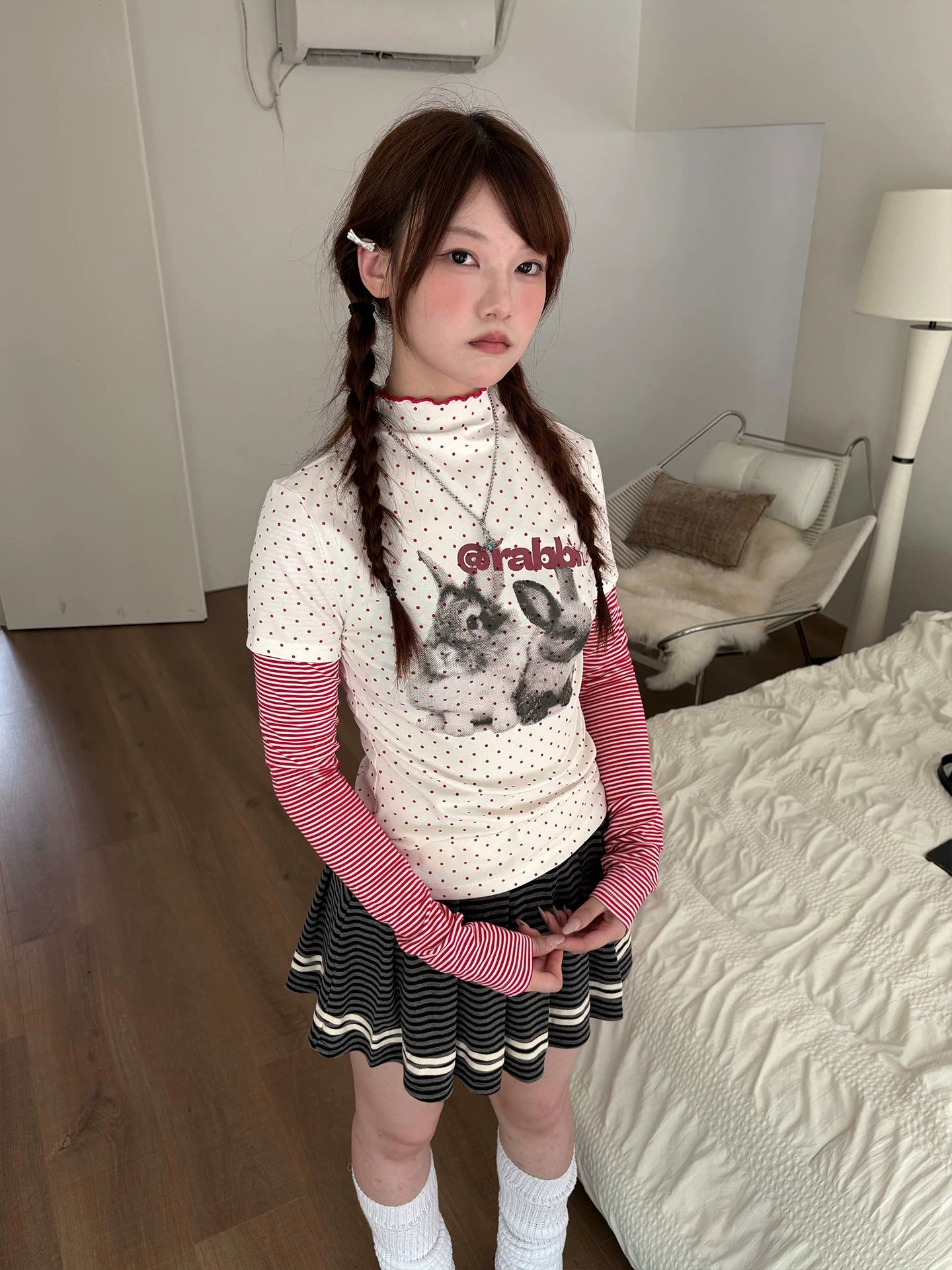 Rabbit Print Patchwork High-Neck Long Sleeve T-Shirt
