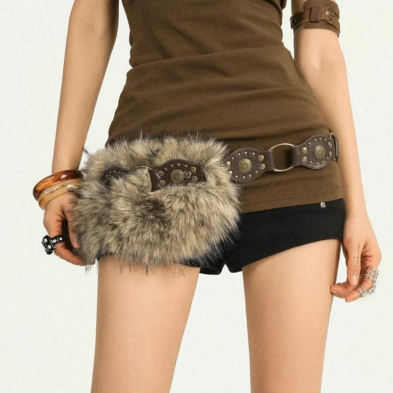 PU Leather Studs Fur Decor Metal Buckle Belt
