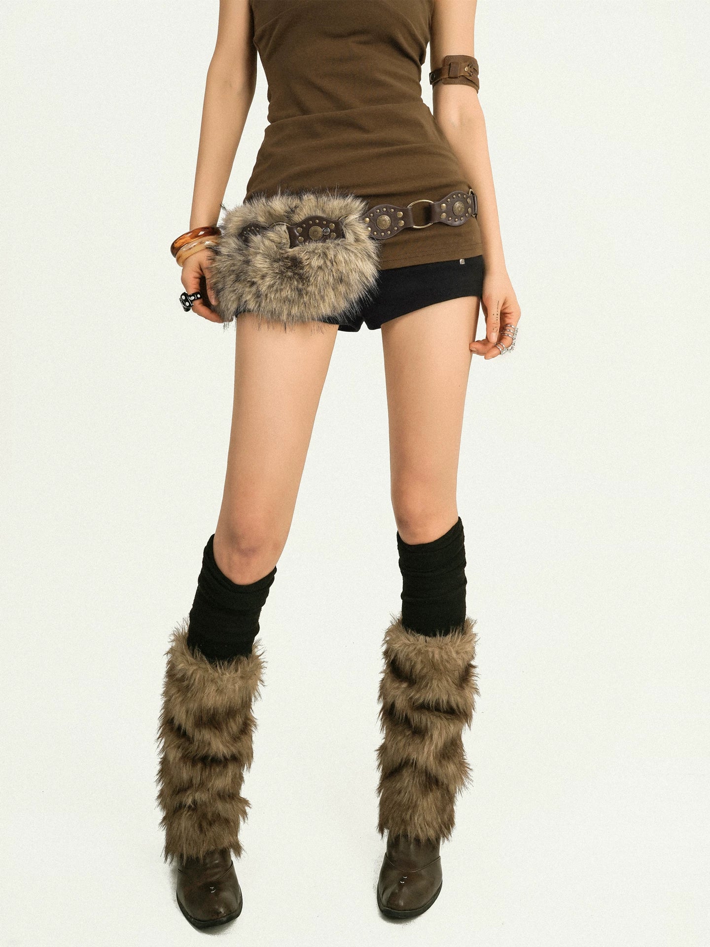 PU Leather Studs Fur Decor Metal Buckle Belt