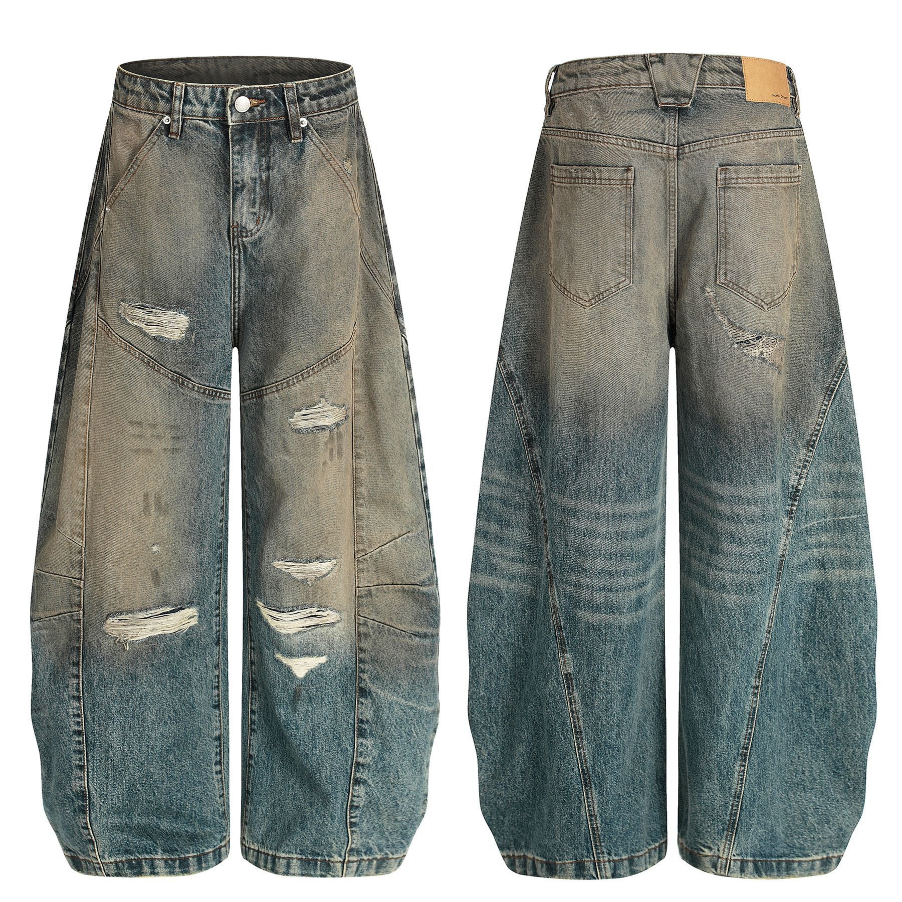 Washed Deconstruction Barrel Denim Jeans