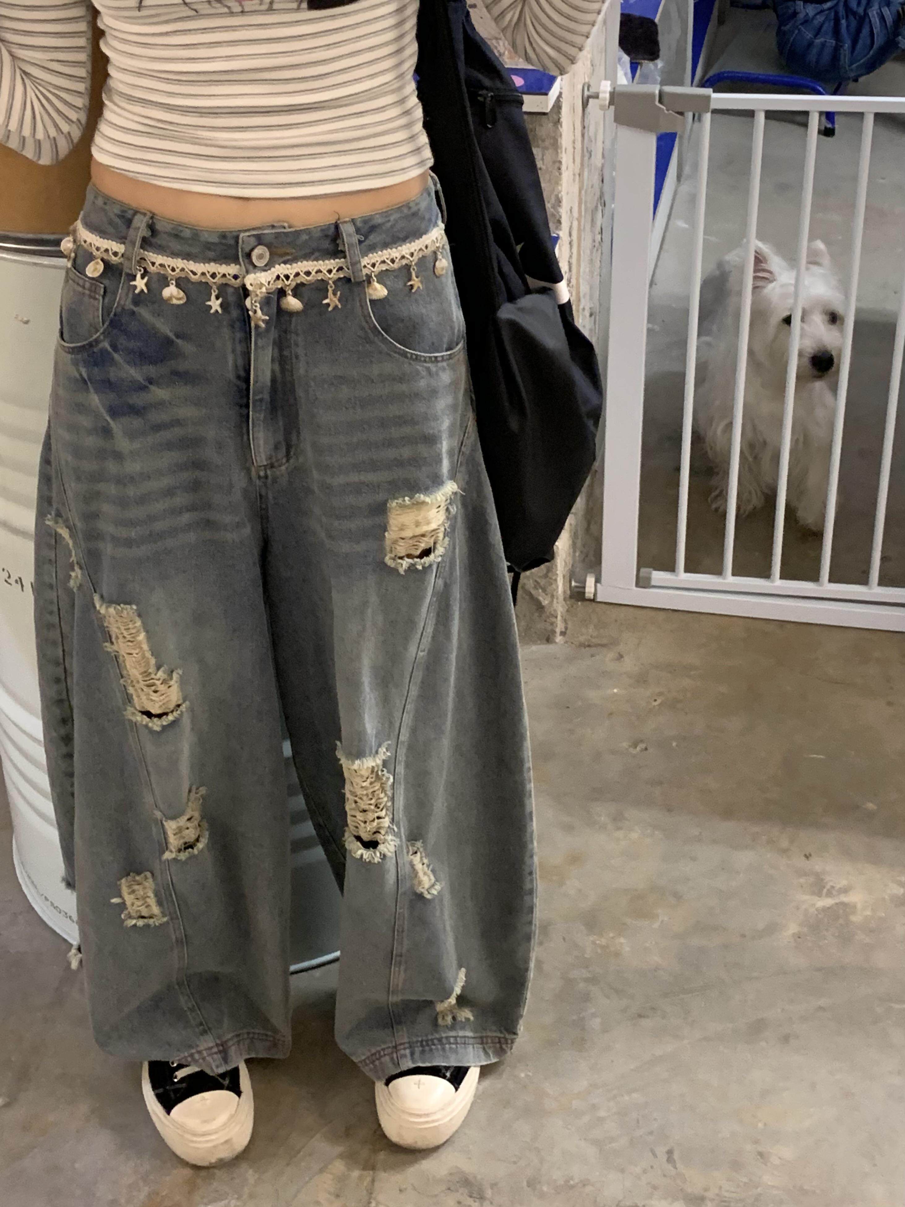 Washed Damage Wide Leg Shell Decoration Denim Jeans