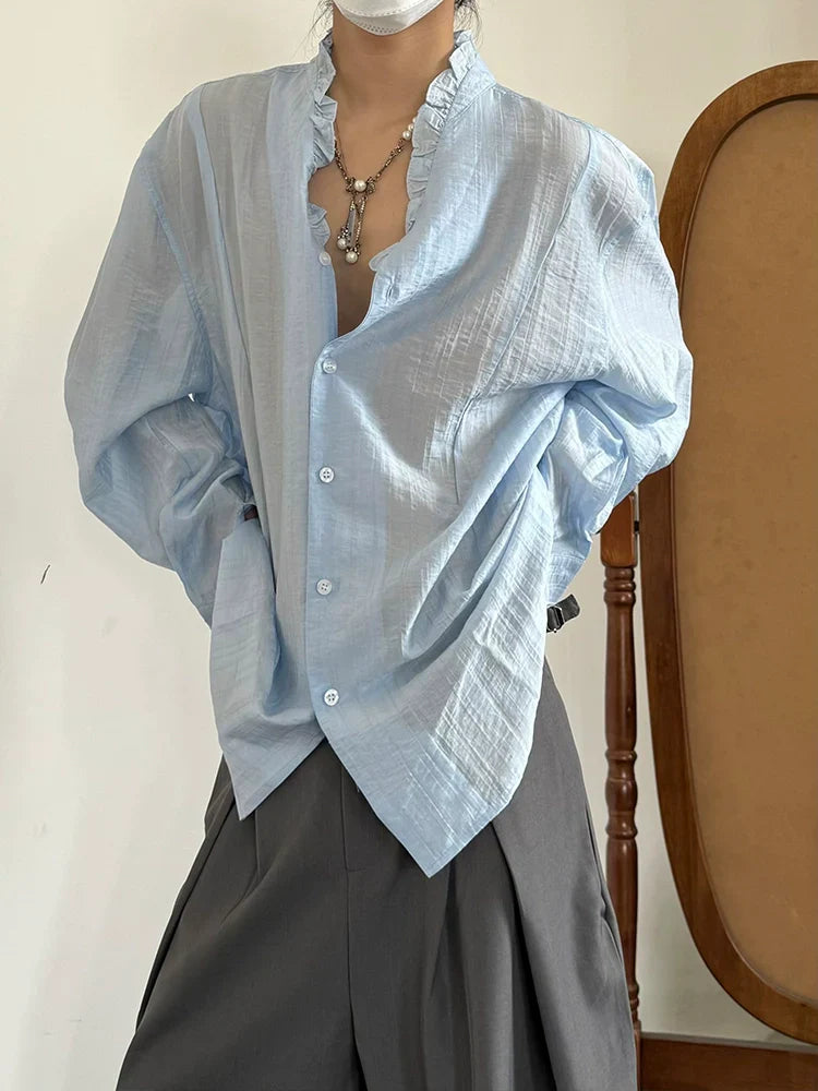 Pleats Lace V-Neck Elegant Long Sleeve Shirt