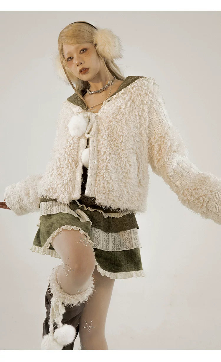 Fleece Lining Soft Fuzzy Knit Cardigan & Half Skirt Setup