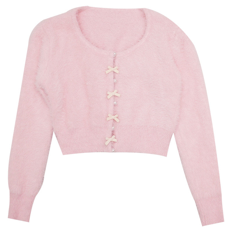 Pearl Bow Short Knit Cardigan