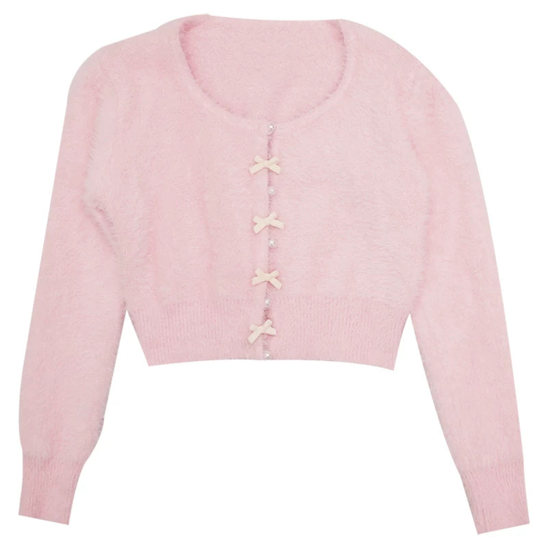 Pearl Bow Short Knit Cardigan