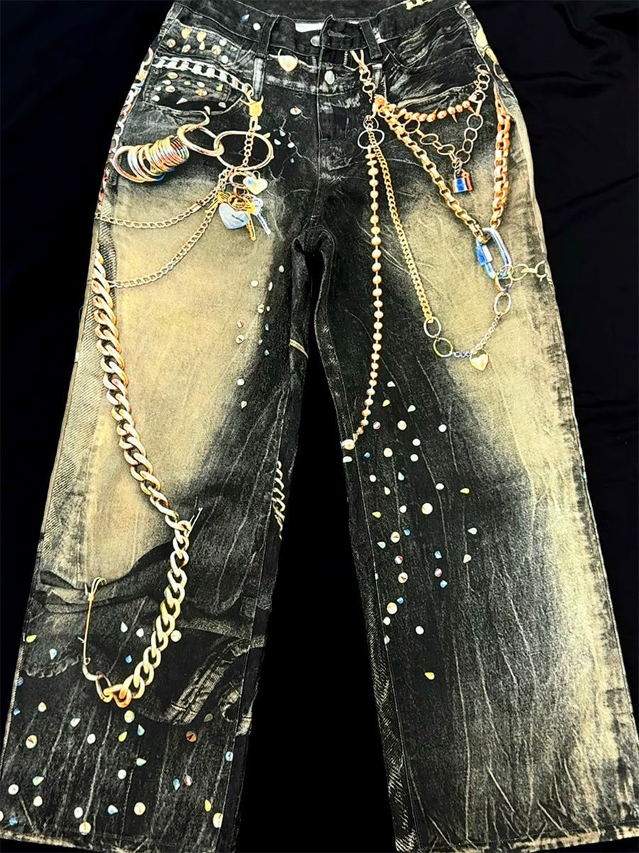 Chain Paint  3D Print Washed Wide Leg Denim Jeans