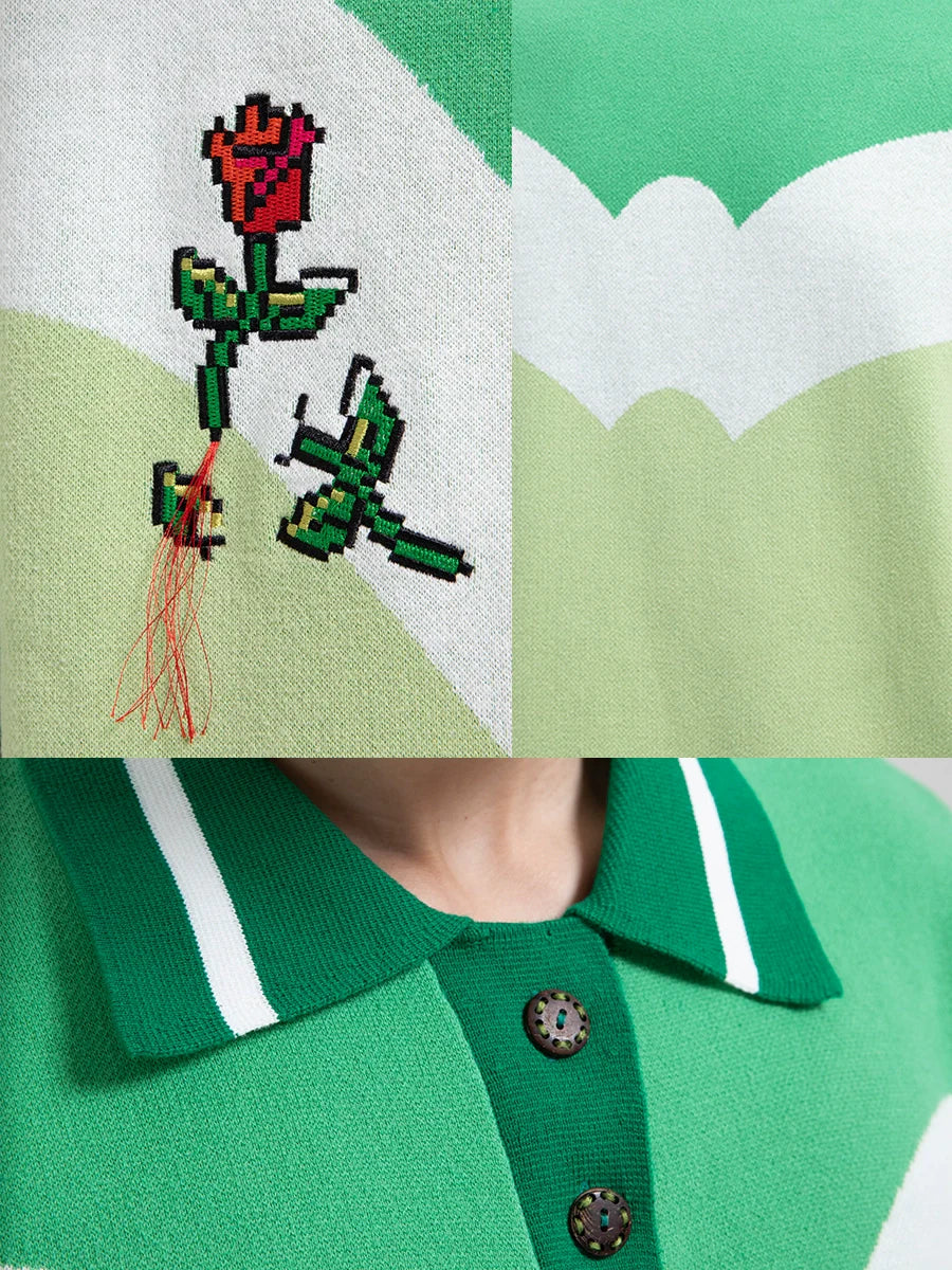Floral Embroidery Patchwork Oversize Knit Polo Shirt