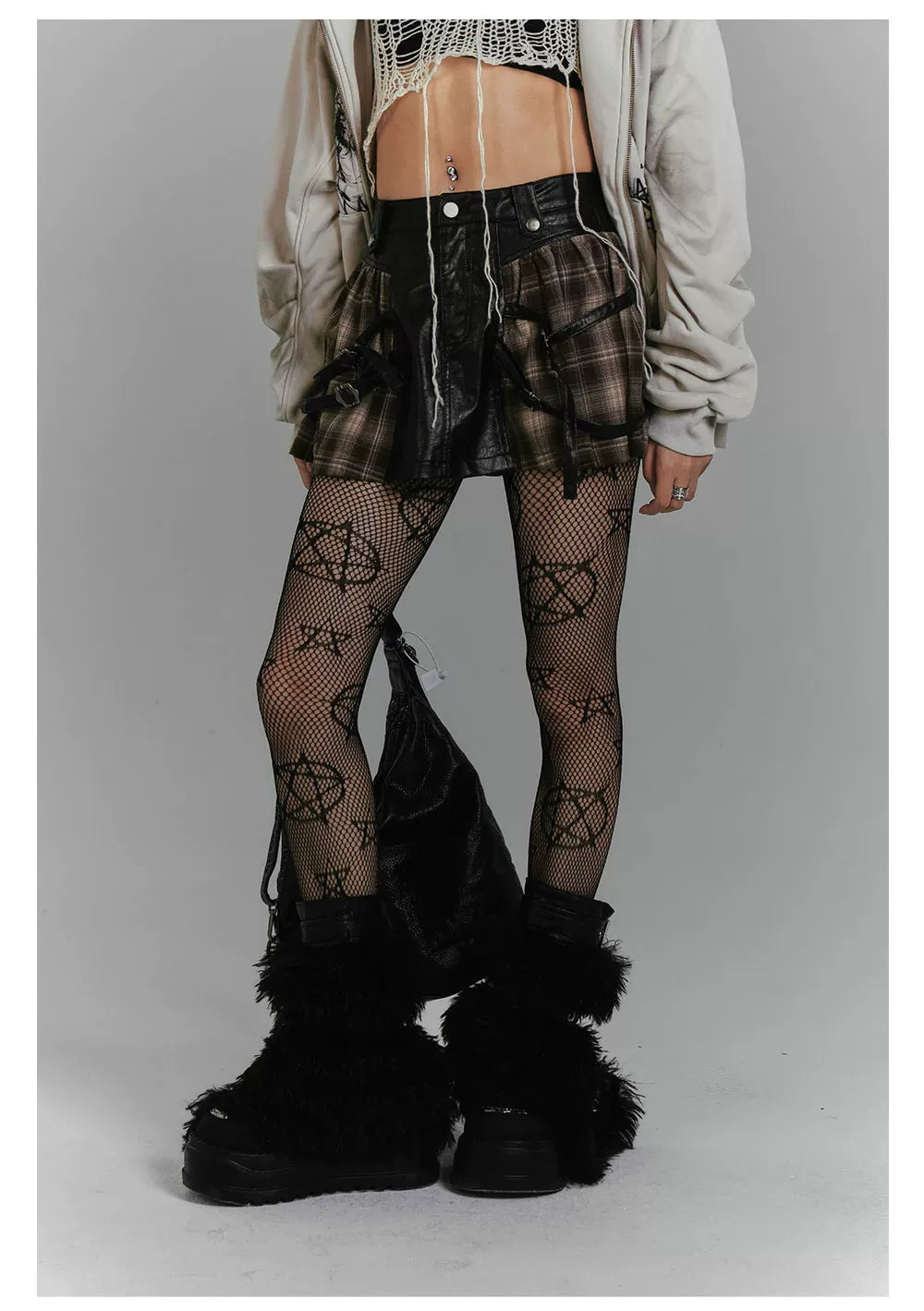 Plaid PU Leather Mix Patchwork Short Skirt