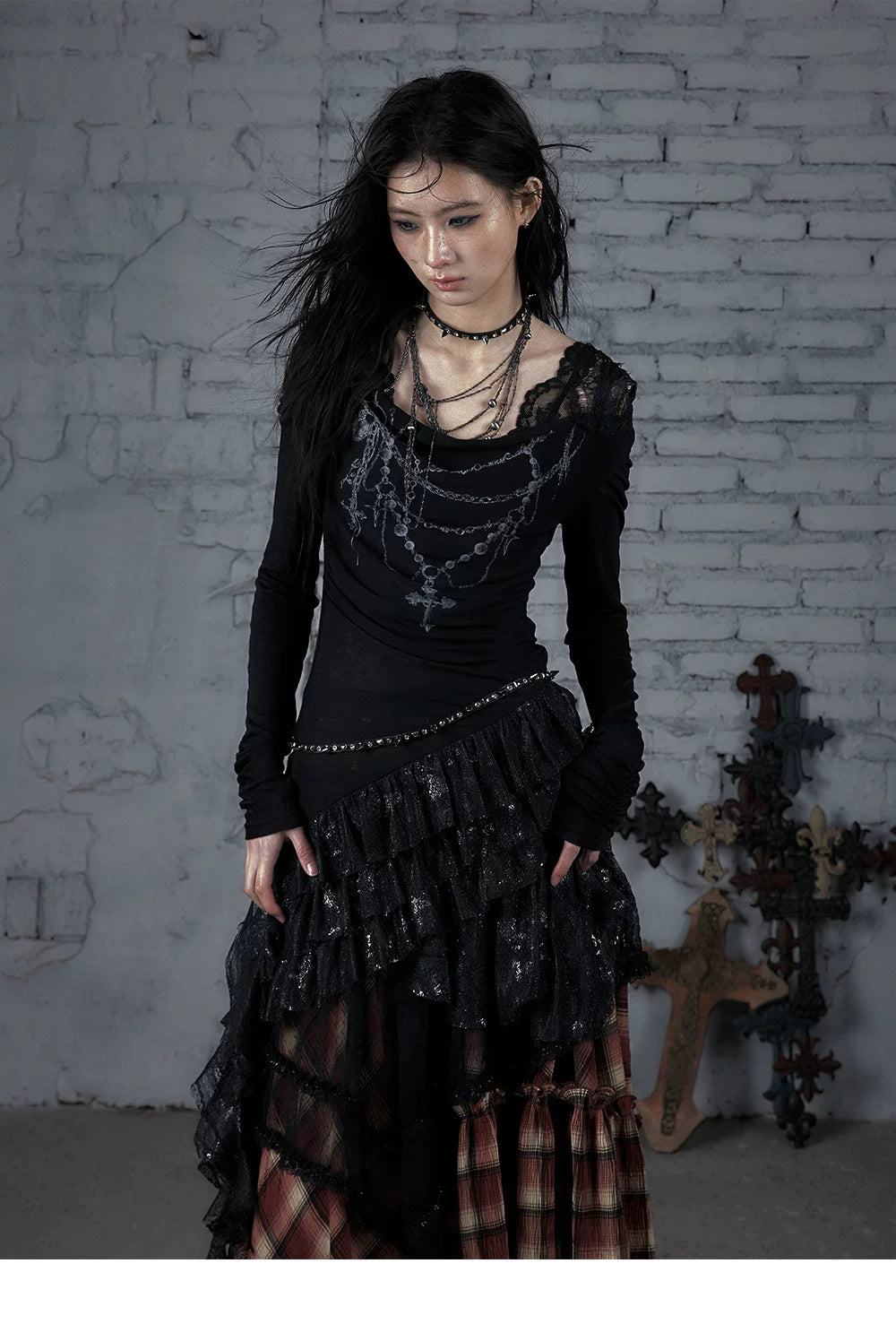 Lace Hooded Asymmetric Ruffle Dress