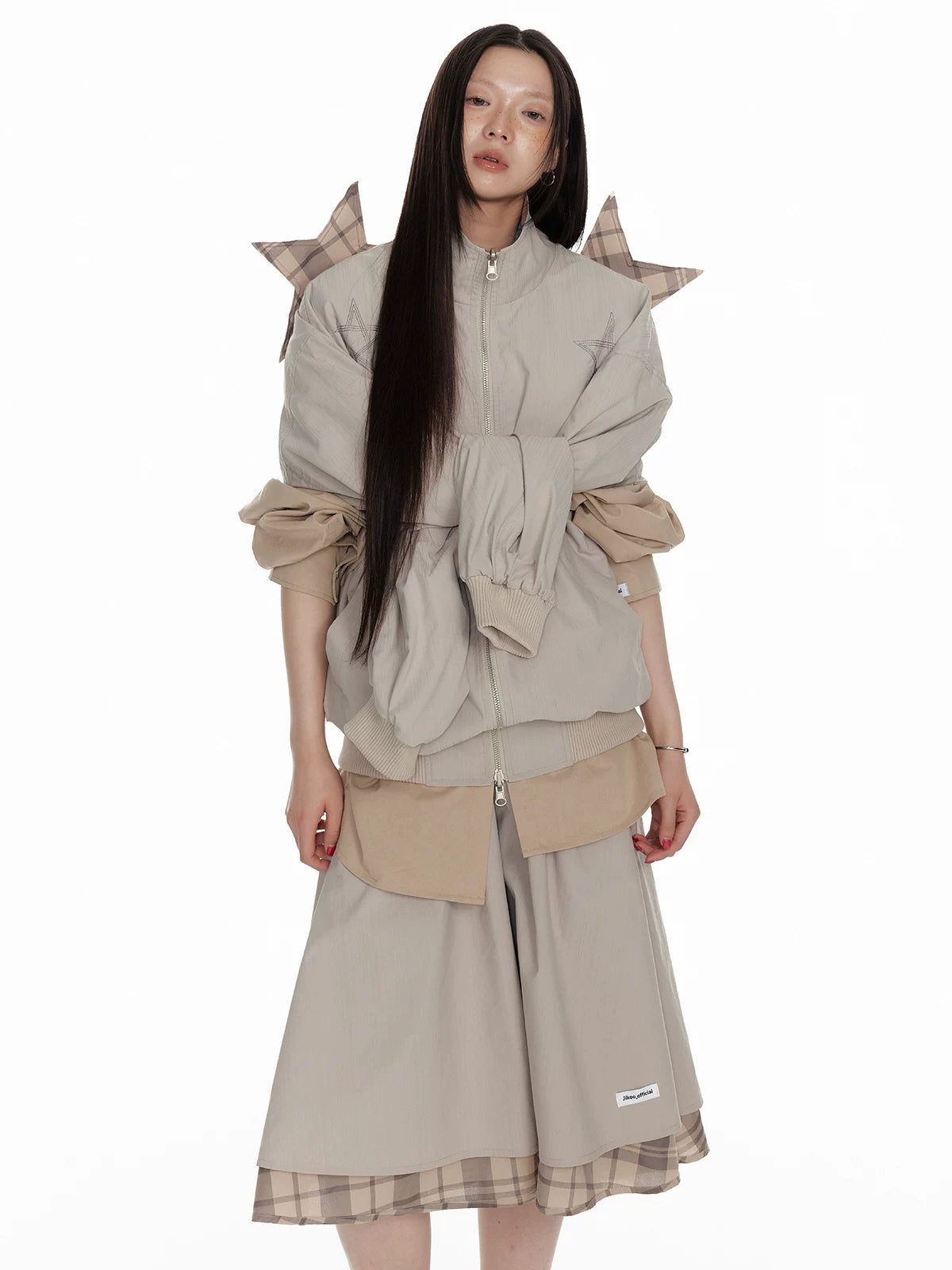 Hollow Star Stand Neck Recersible Jacket & Recersible Plaid Skirt Setup