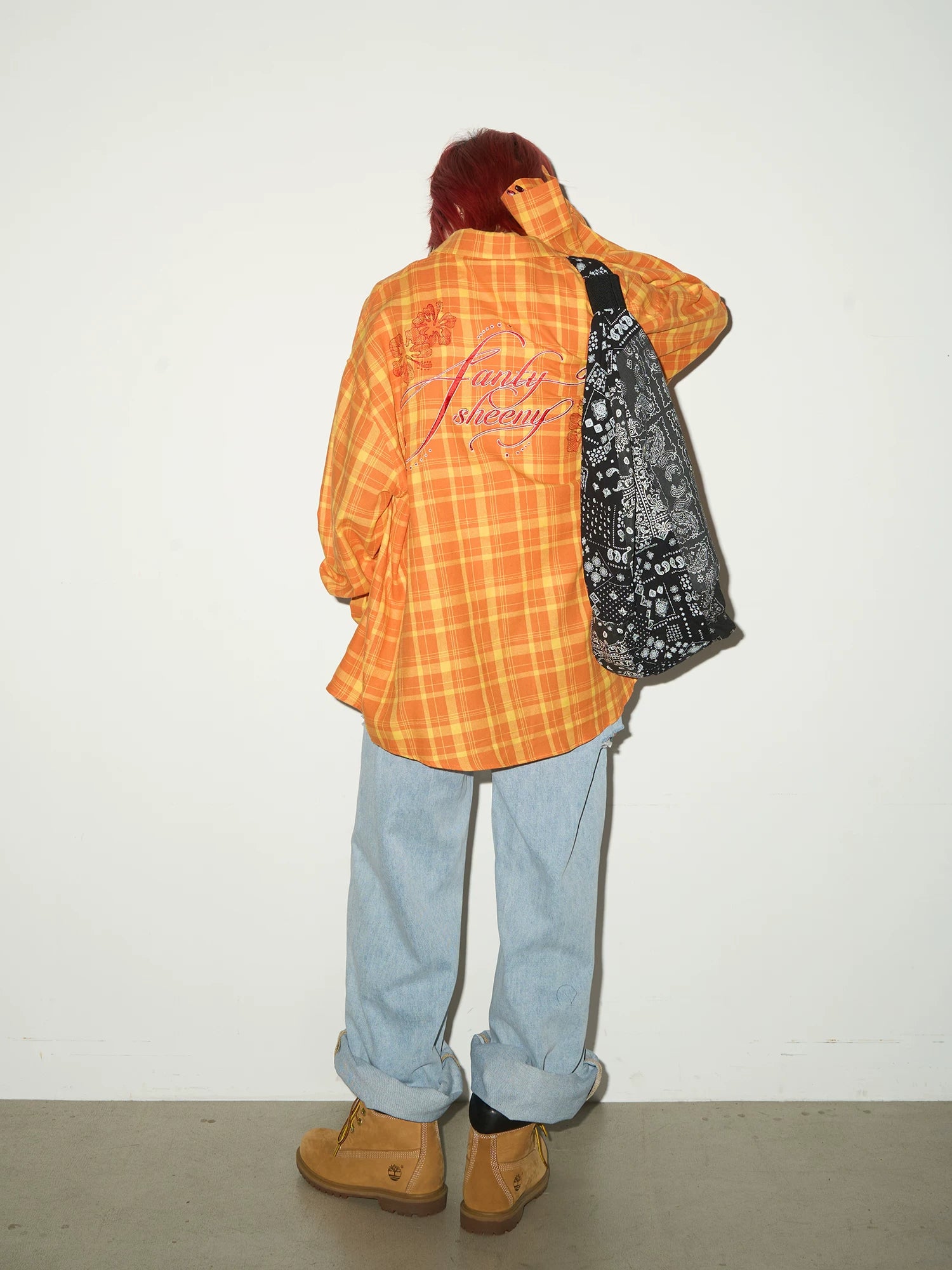 Plaid Embroidery Print Oversize Long Sleeve Shirt