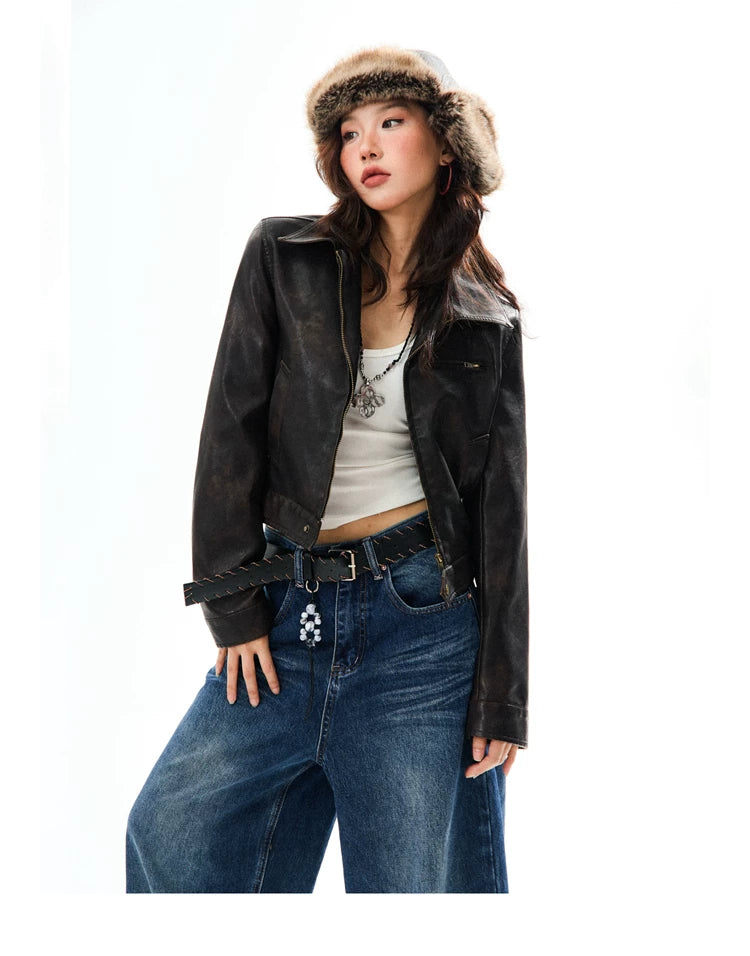PU Leather Washed Zipper Short Length Jacket