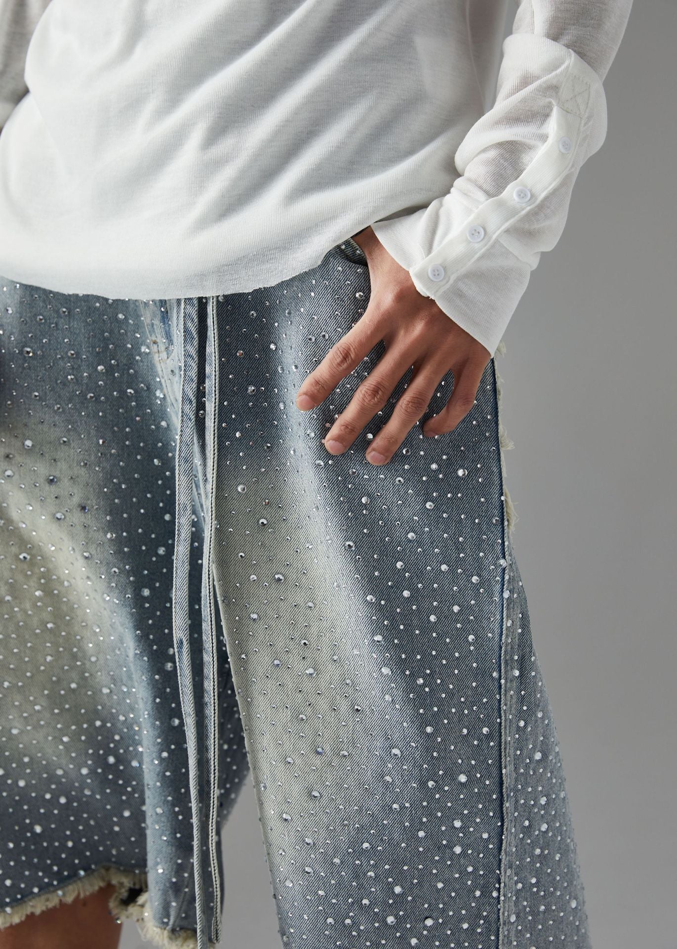 Fringe Rhinestone Wide Leg Jort