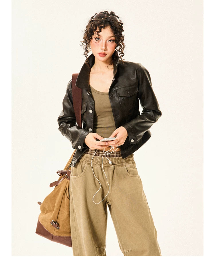PU Leather Standing-Collar Short Jacket