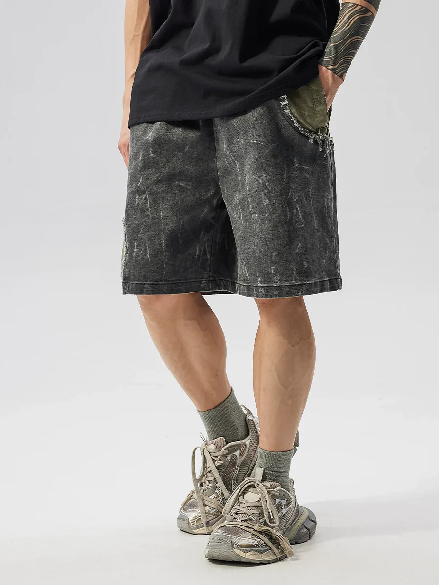 Washed Patchwork Drawstring Wide Leg Short
