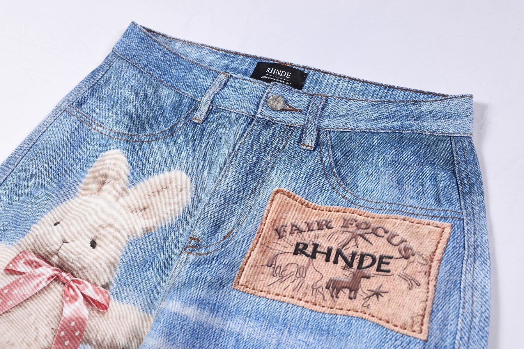 Washed 3D Character Print Wide Leg Denim Jeans