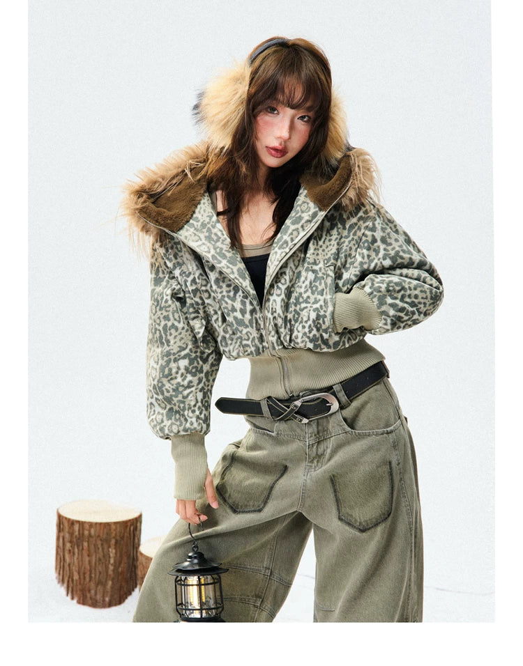 Leopard Print Fur-Trim Hood Puffer Jacket