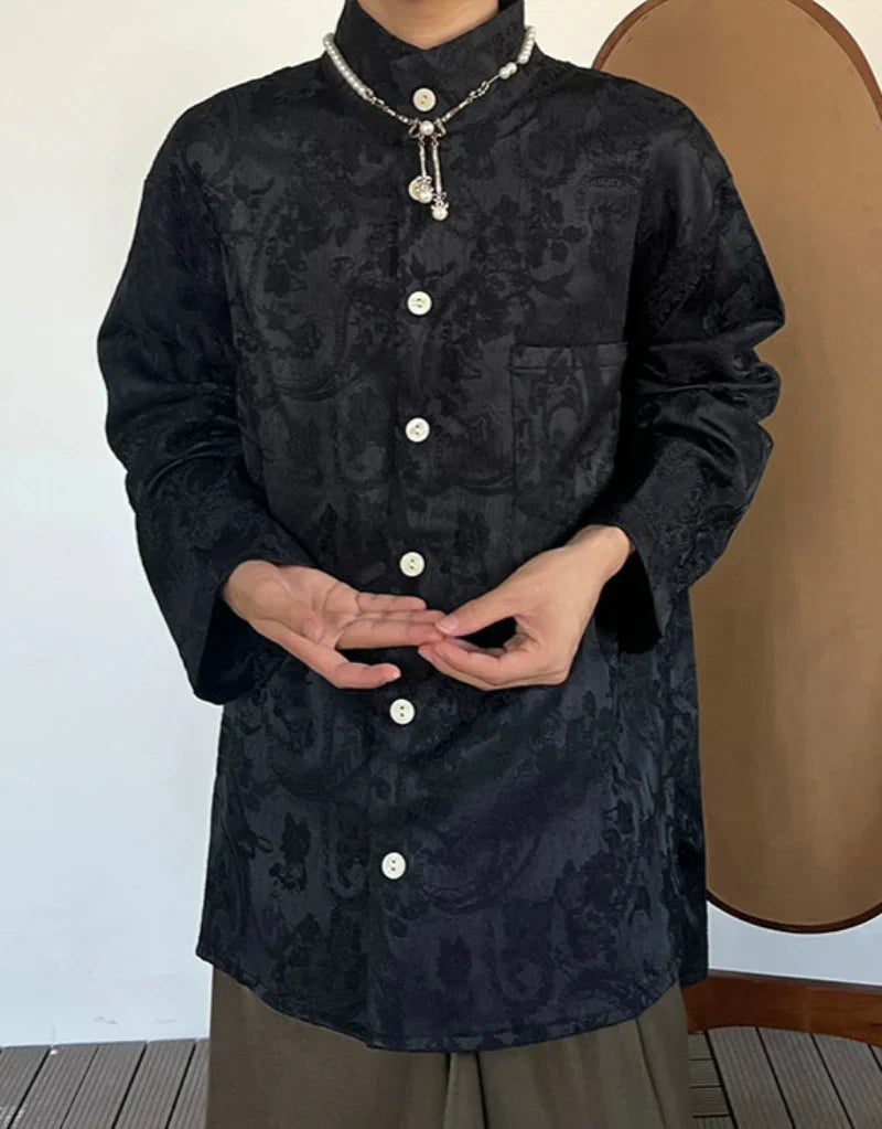 Embroidery Jacquard Stand Neck Long Sleeve Shirt