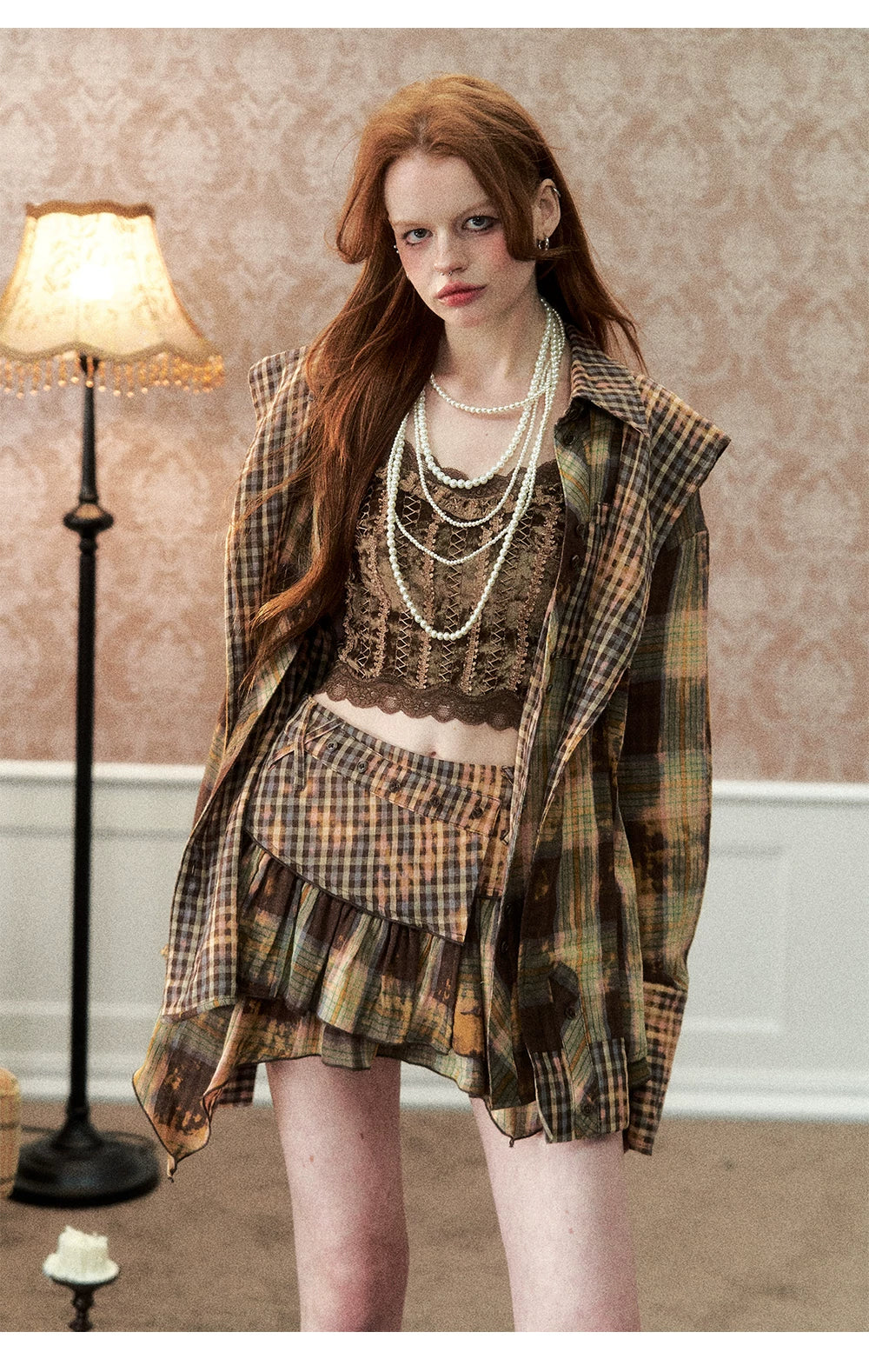 Oversize Plaid Long Sleeve Shirt & Short Skirt & Scarf Setup