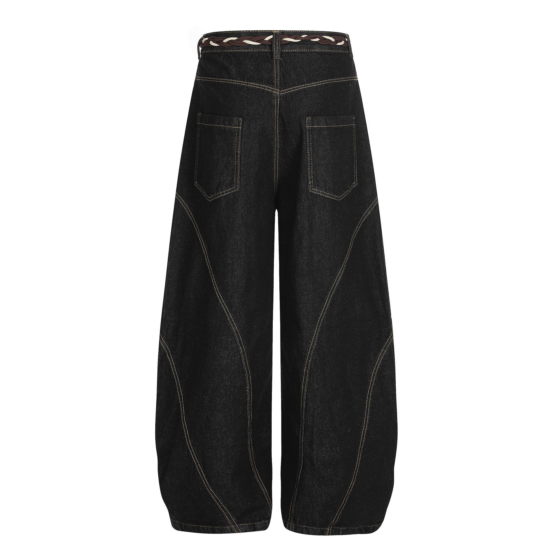 Belt Curved Wide Leg Denim Jeans