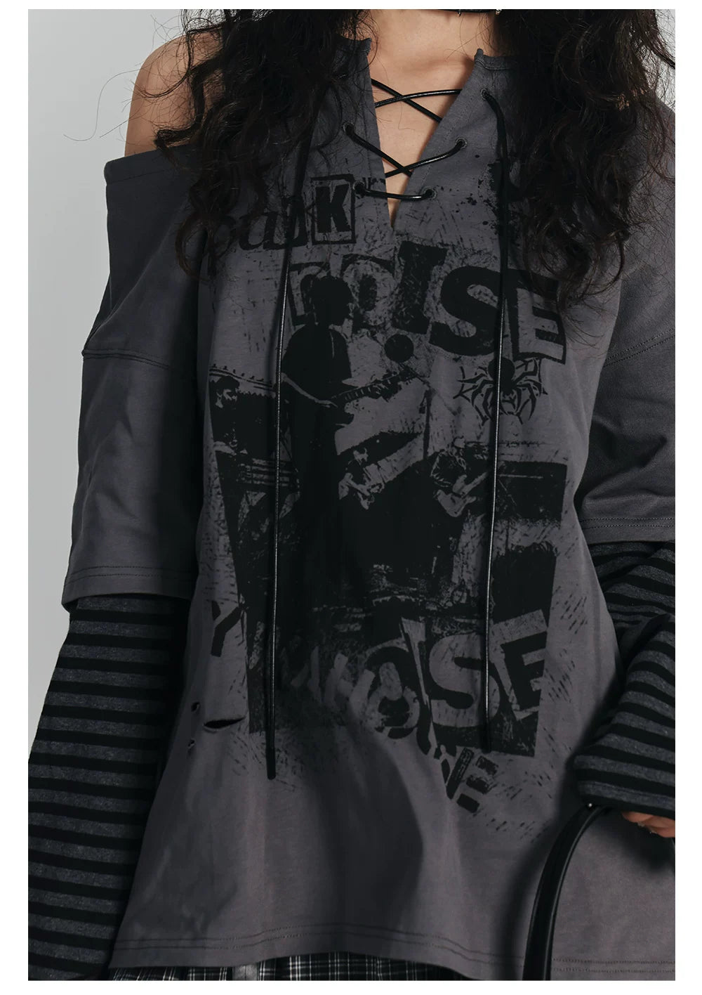 Fake Layered Drawstring V-Neck Long Sleeve T-Shirt