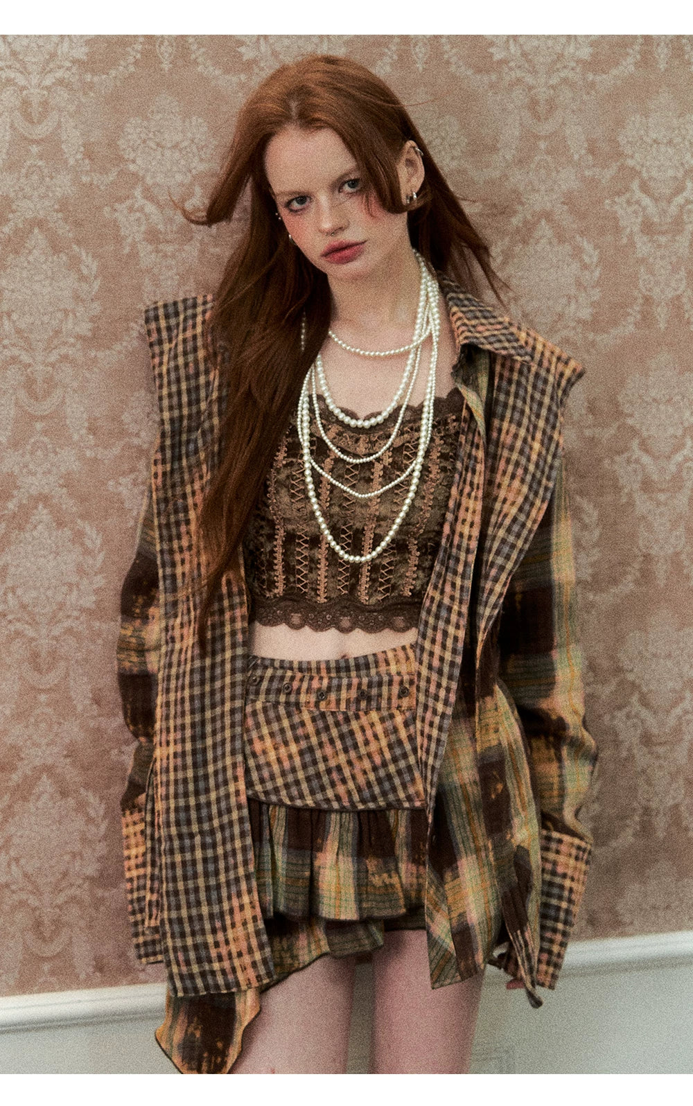 Oversize Plaid Long Sleeve Shirt & Short Skirt & Scarf Setup