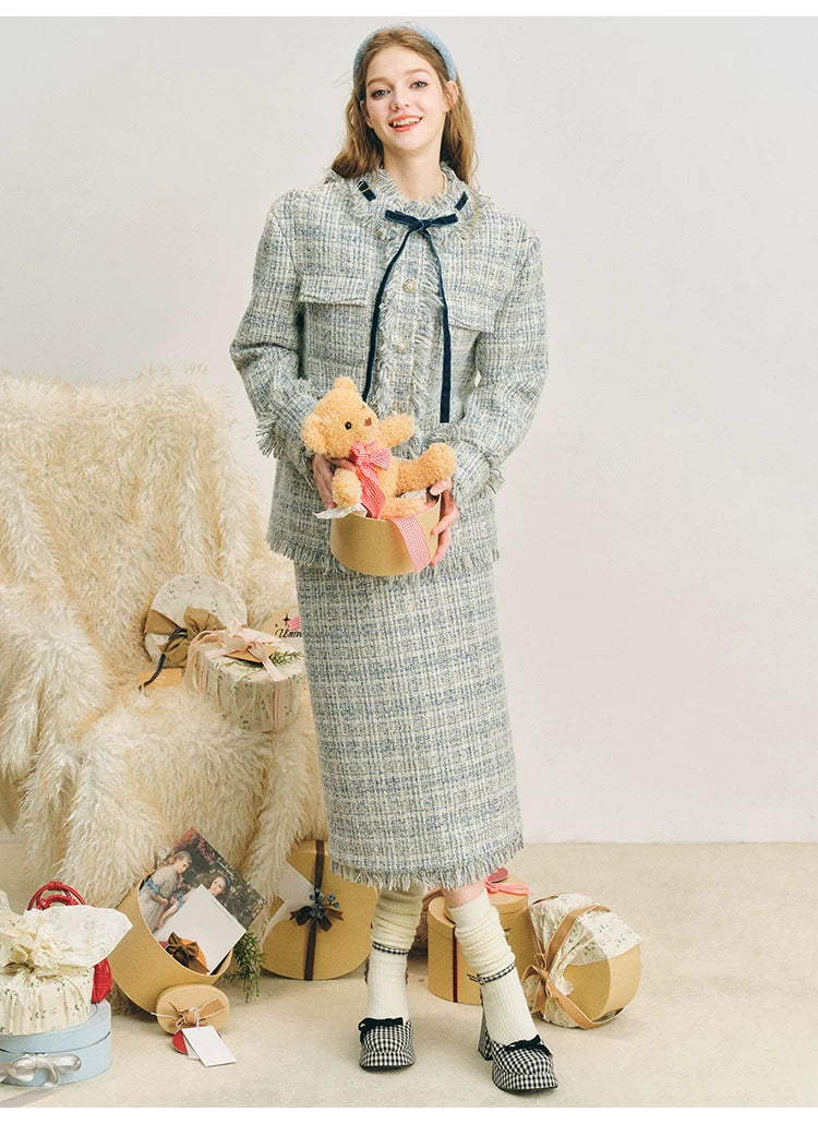 Bow Jacquard Jacket & Tassel Jacquard Short Skirt Setup