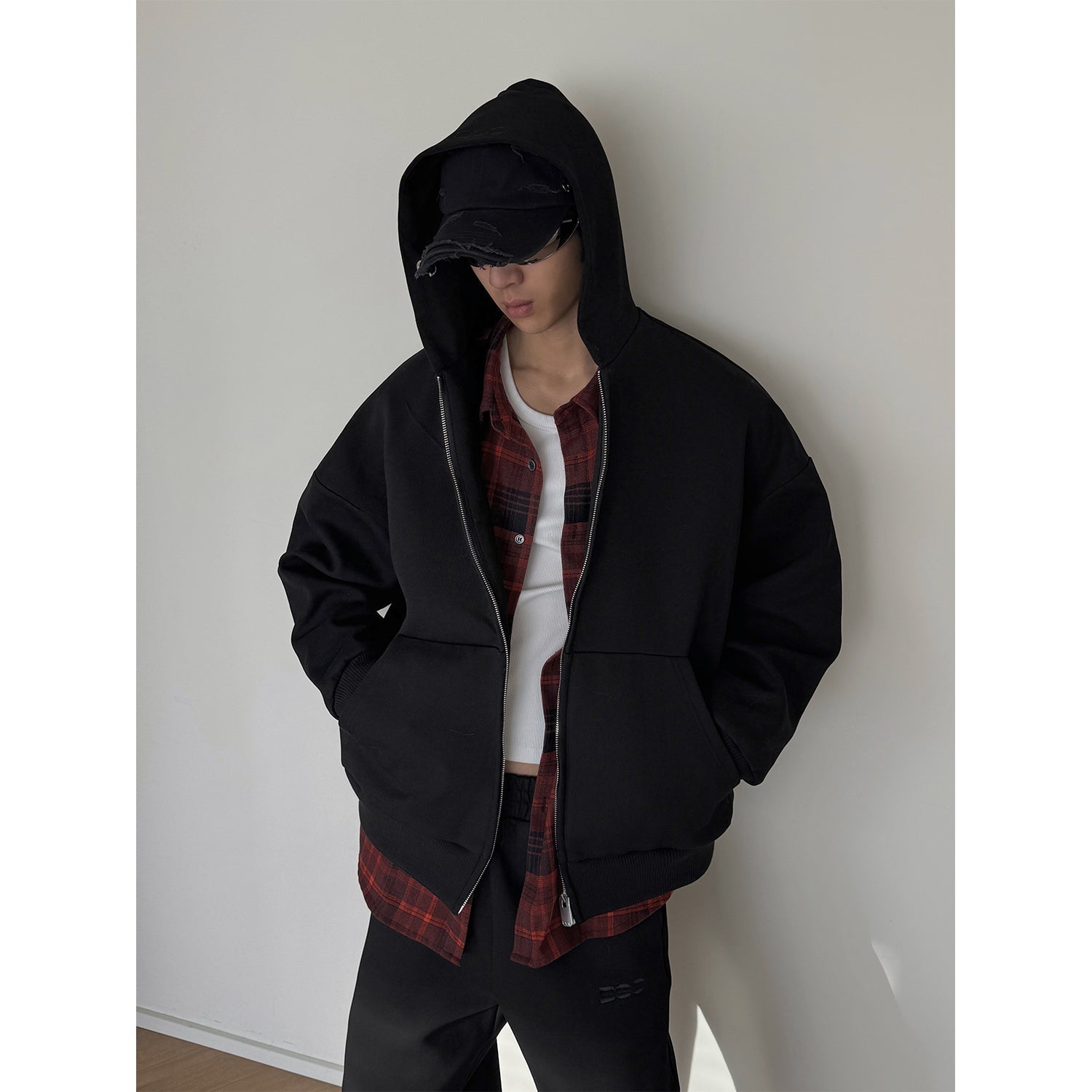 Detachable Fake Layered Plaid Shirt Zipper Hoodie