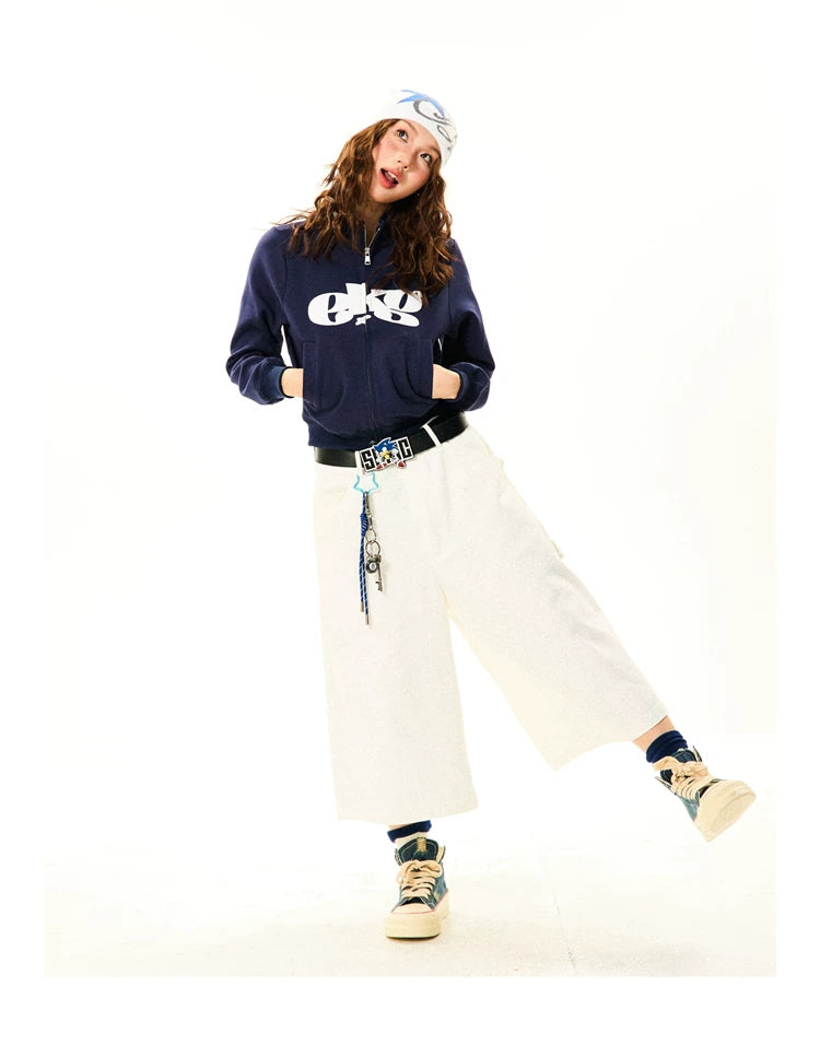 Letter Print Fitted Zipper Hoodie