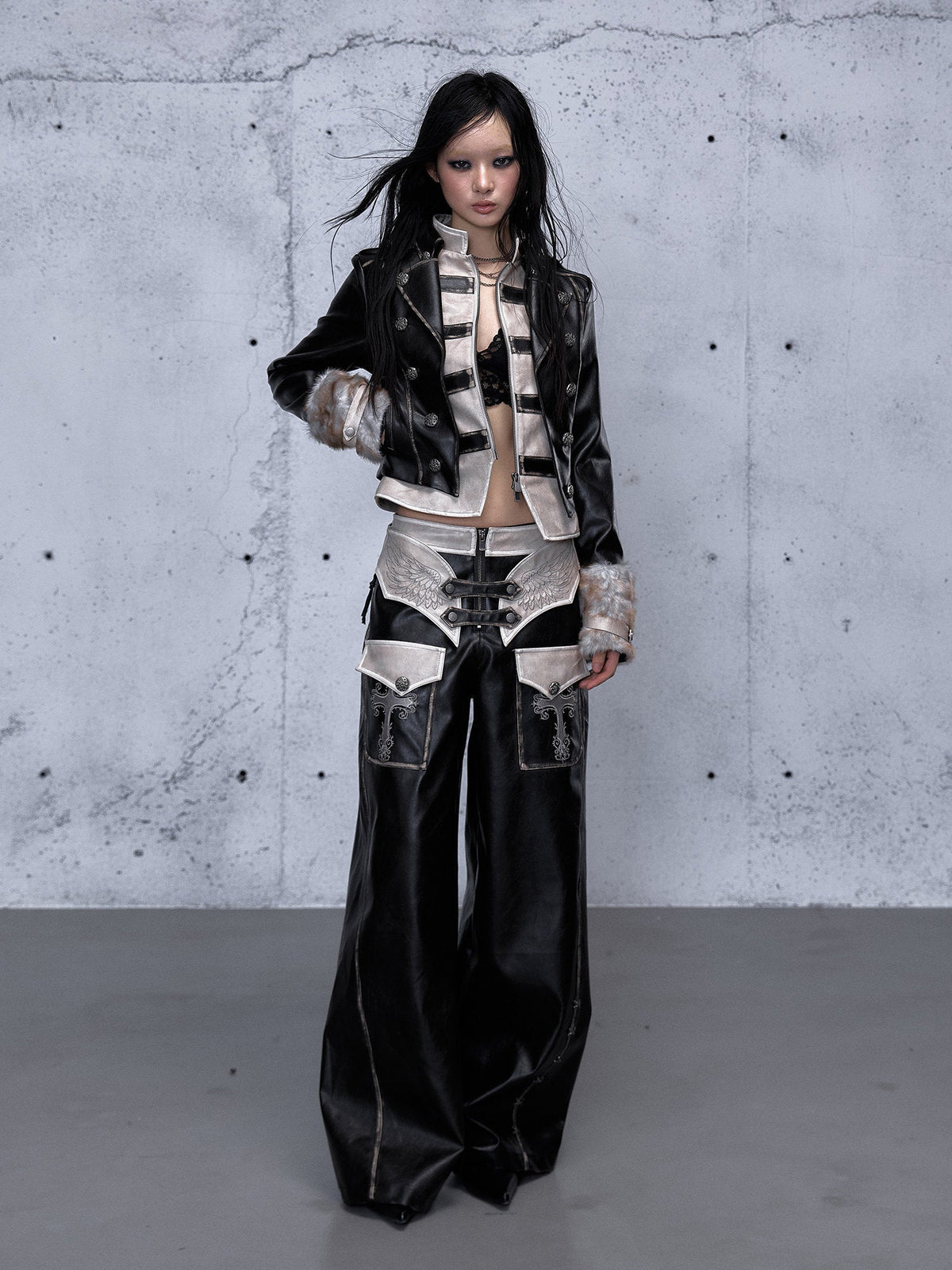 Lace Panel Buckle Detail Wide Leg PU Leather Pants