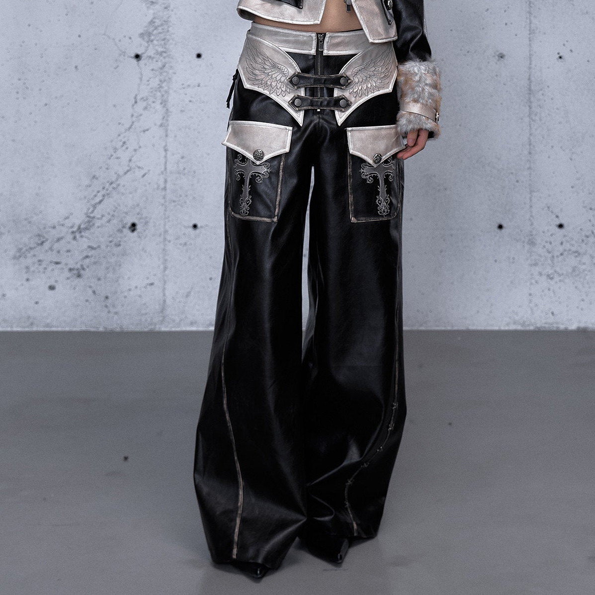Lace Panel Buckle Detail Wide Leg PU Leather Pants