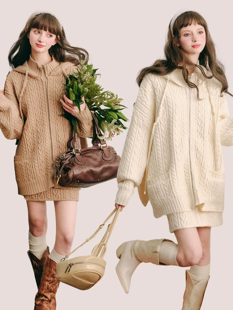 Bunny Hare Ear Hooded Zipper Knit Cardigan & Knit Skirt Setup