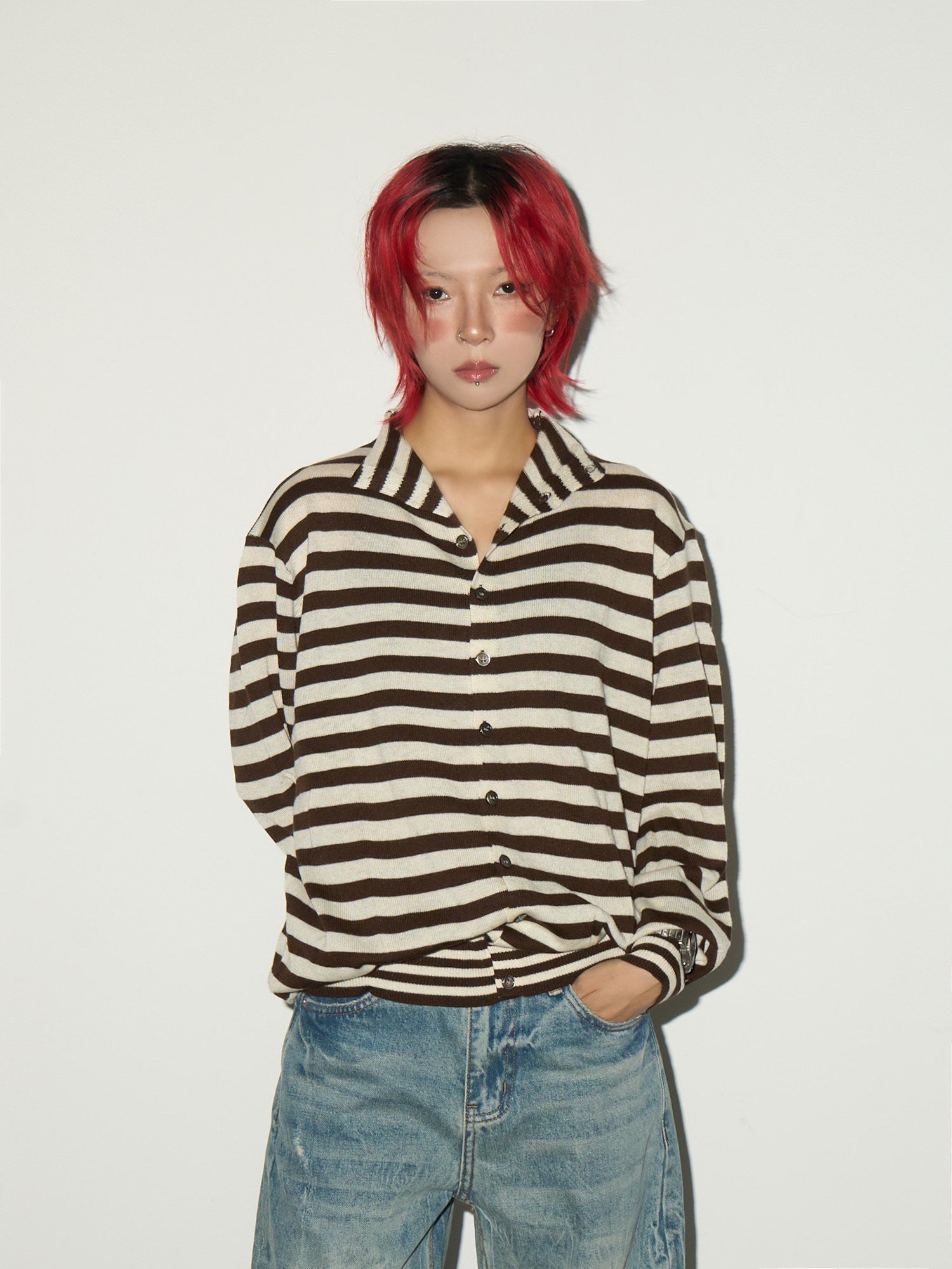 Contrast Stripe Wool Knit High-Neck Cardigan