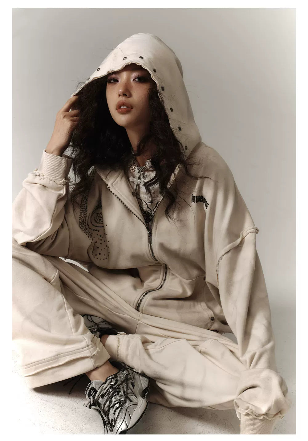 Washed Damage Oversize Zipper Hoodie & Short Skirt & Wide Leg Pants Setup