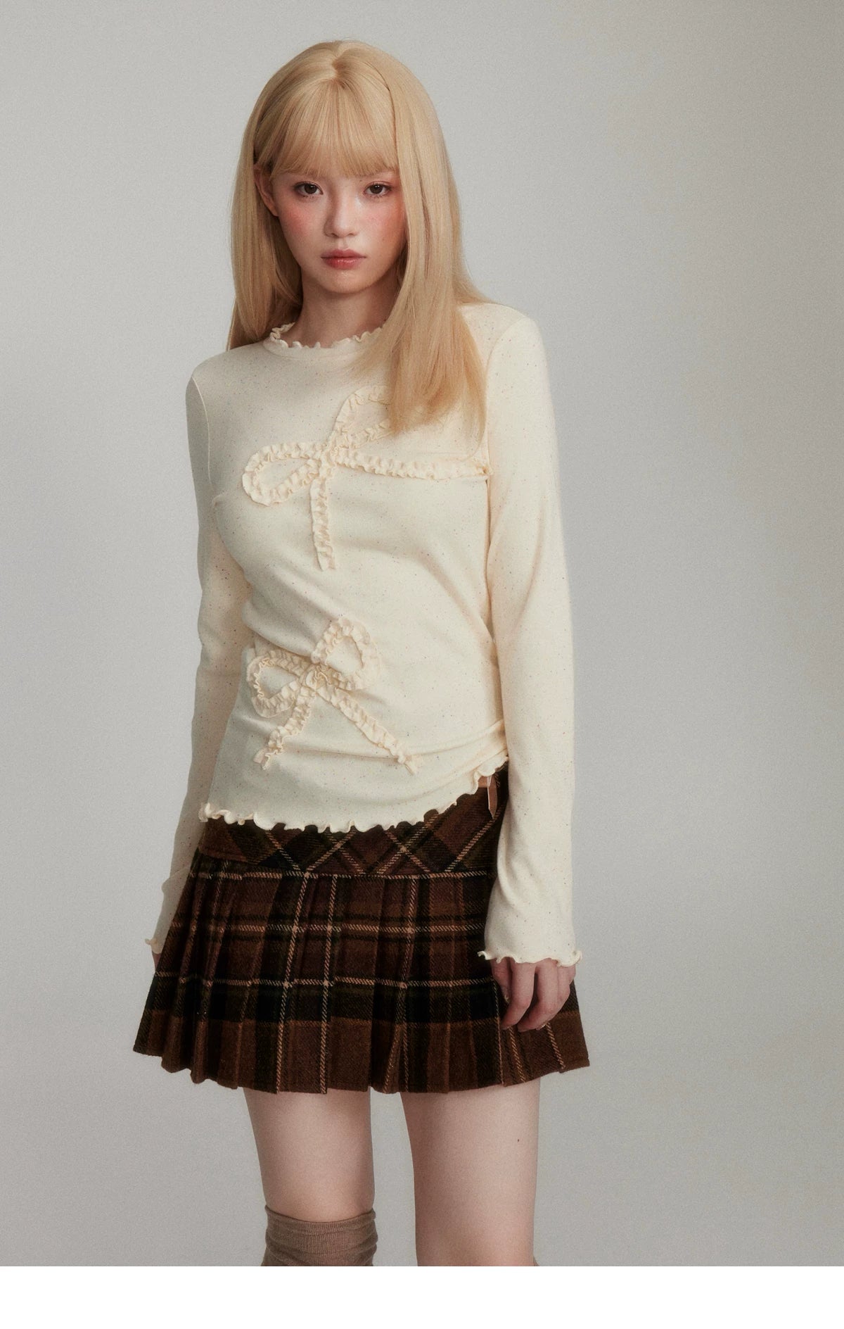 Dot Pattern Bow Lyocell Thermal Long Sleeve T-Shirt