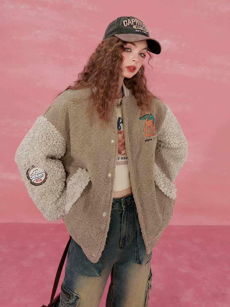 Colorblock Embroidery Fleece-Lined Baseball Jacket