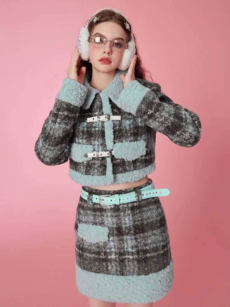 Fake Shearling Short Jacket & Pencil Skirt Setup