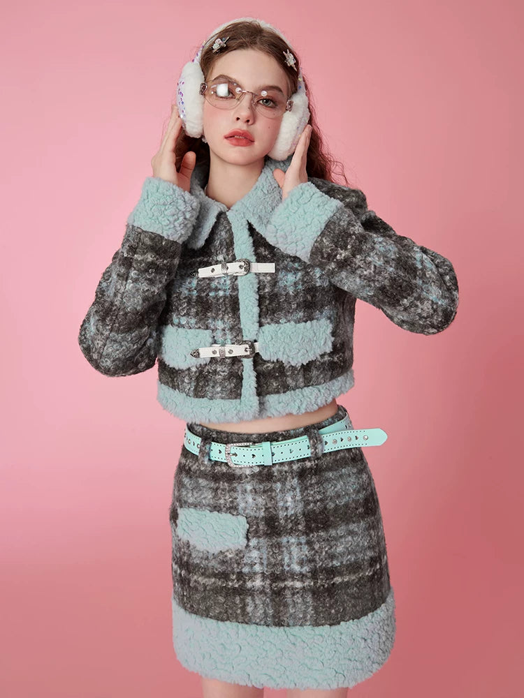 Fake Shearling Short Jacket & Pencil Skirt Setup