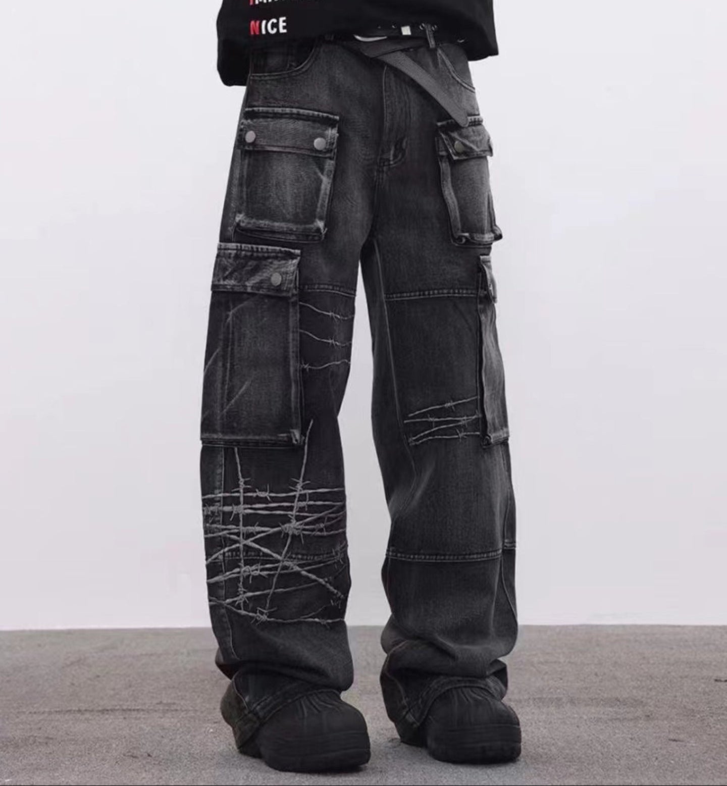 Cargo Pocket Embroidery Wide Leg Denim Jeans