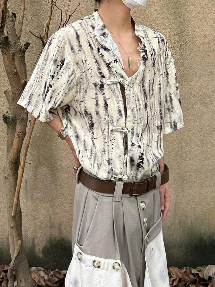 Tie-Dye Frog Button Standing-Collar Short Sleeve Shirt