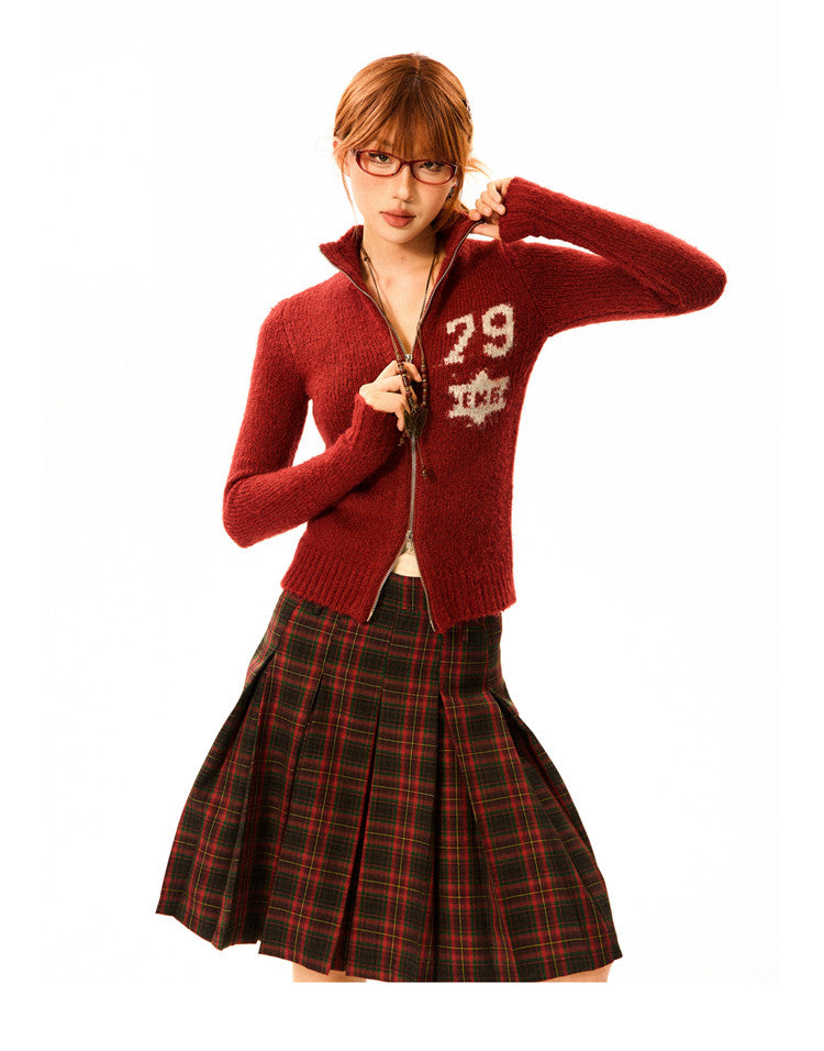 Number Patch Knit Zipper Stand Neck Cardigan