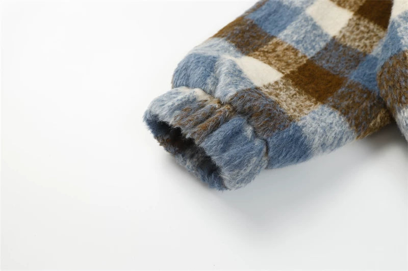 PU Leather Mix Woolen Plaid Jacket