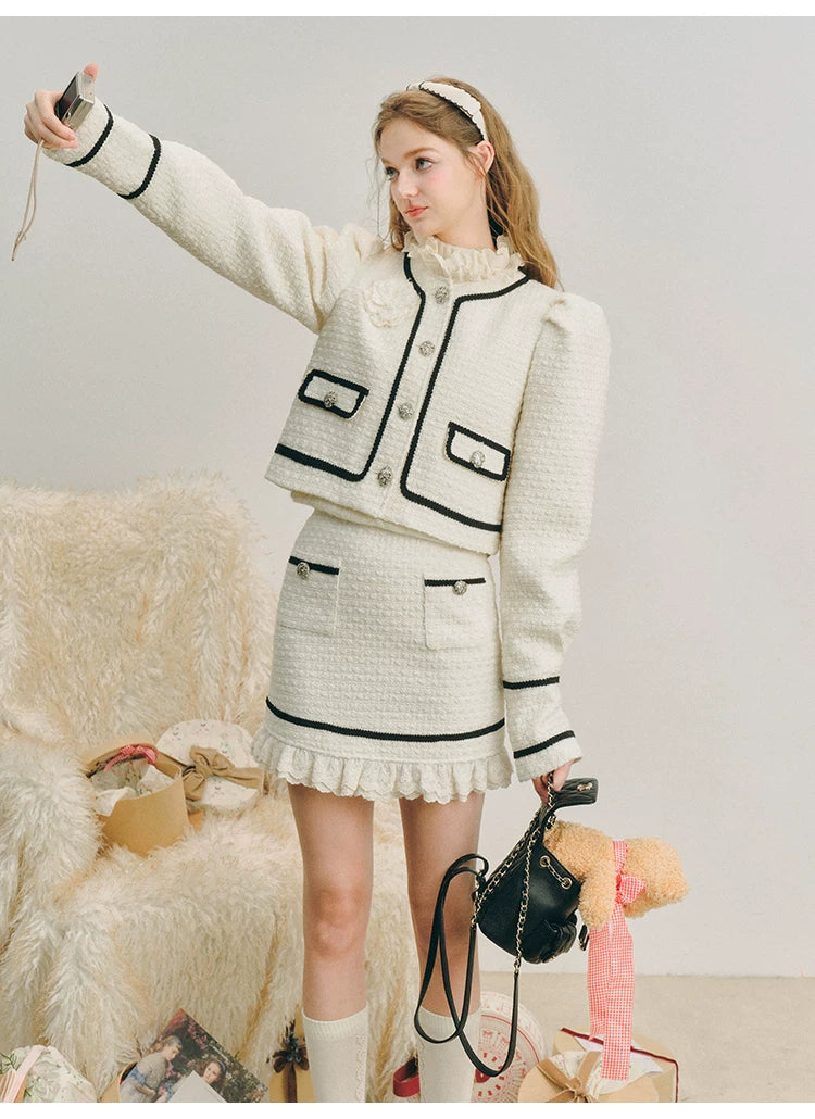Bubble Sleeve Button Up Jacket & Lace Short Skirt Setup