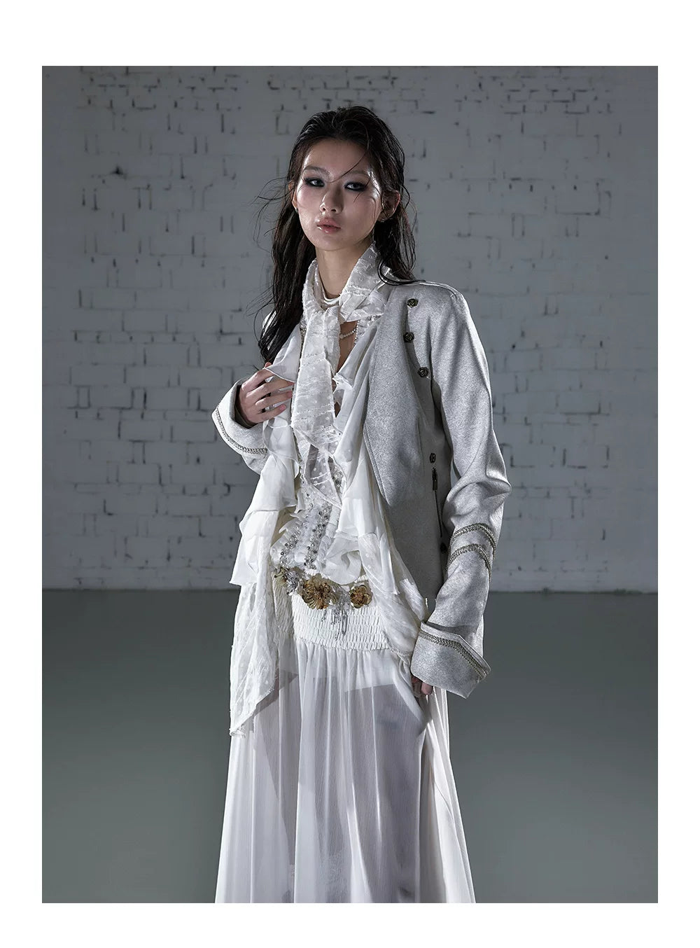 Ruffle Tie-Neck Slim Fit Long Sleeve Shirt