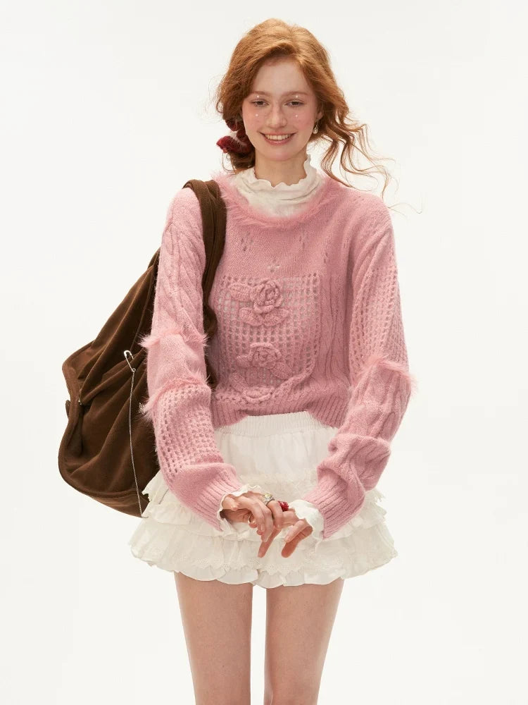 Rose Design Short Knit Sweater